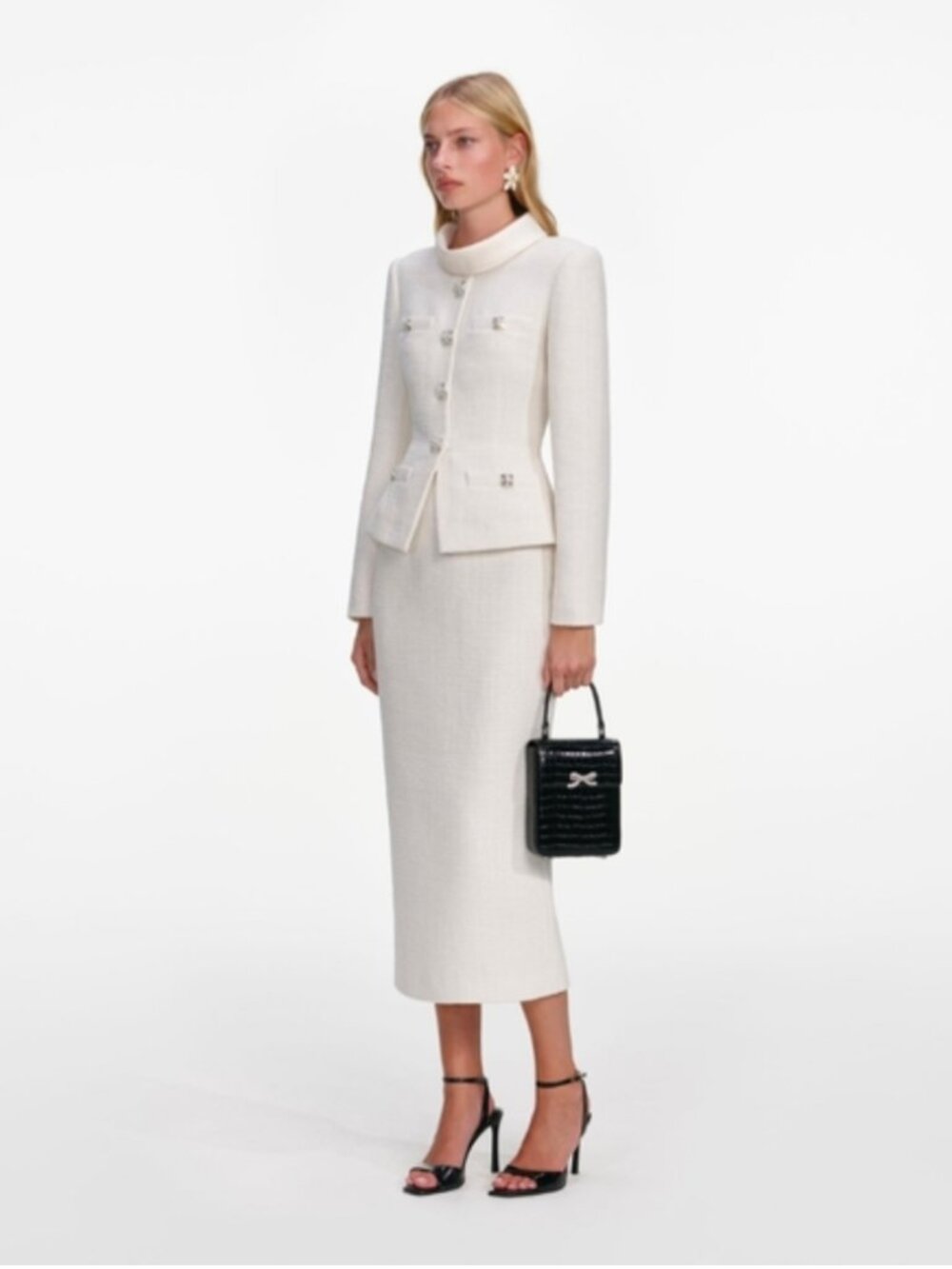 Self-Portrait Cream Boucle Tailored Midi Dress - Picture 9 of 9